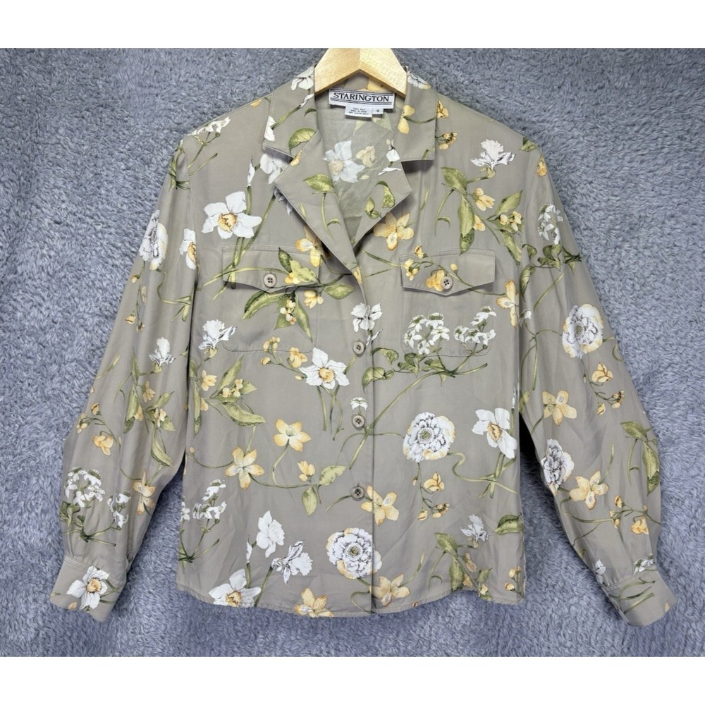 Vintage Starington 100% Silk Beige Floral Button Up Blouse Women 8 Soft Girl